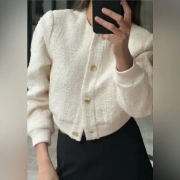 Zara Weave Bomber Jacket in Cream Size Small - Picture 2 of 11